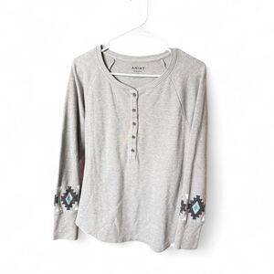 Ariat Real Women’s Large Gray Henley Long Sleeve Aztec Western Top Cotton Blend